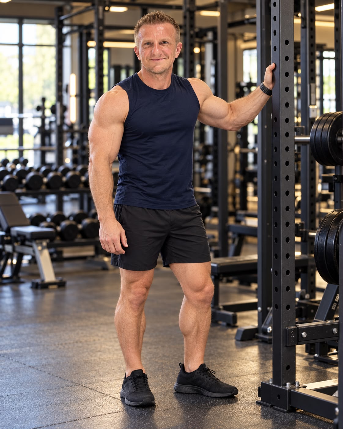 Eugen Gretz steht lächelnd am Power Rack im Studio