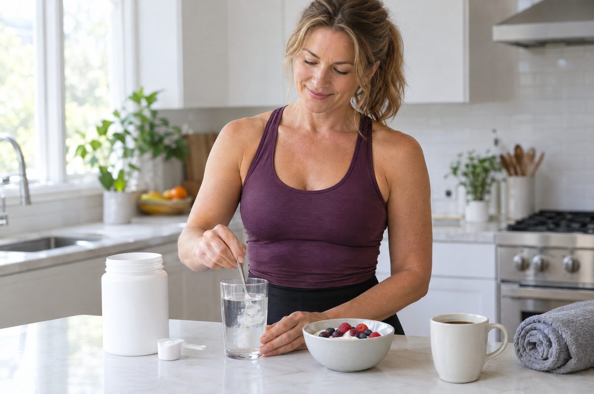 KI-generiertes Bild: Frau um die 50 rührt morgens in der Küche einen Teelöffel weißes Pulver in ein Glas Wasser, daneben Joghurt mit Beeren und ein Kaffee