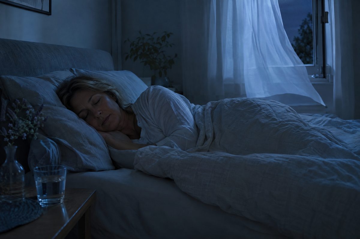 KI-generiertes Bild: Frau um die 50 schläft nachts in einem kühlen Schlafzimmer unter einer dünnen Decke, das Fenster ist gekippt, ein Glas Wasser steht am Bett